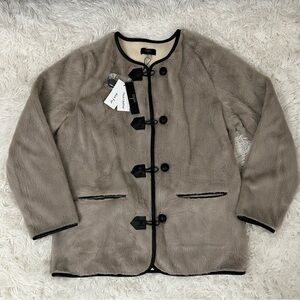 Women's Warm Gray Faux Fur Coat with Faux Leather Black Trim